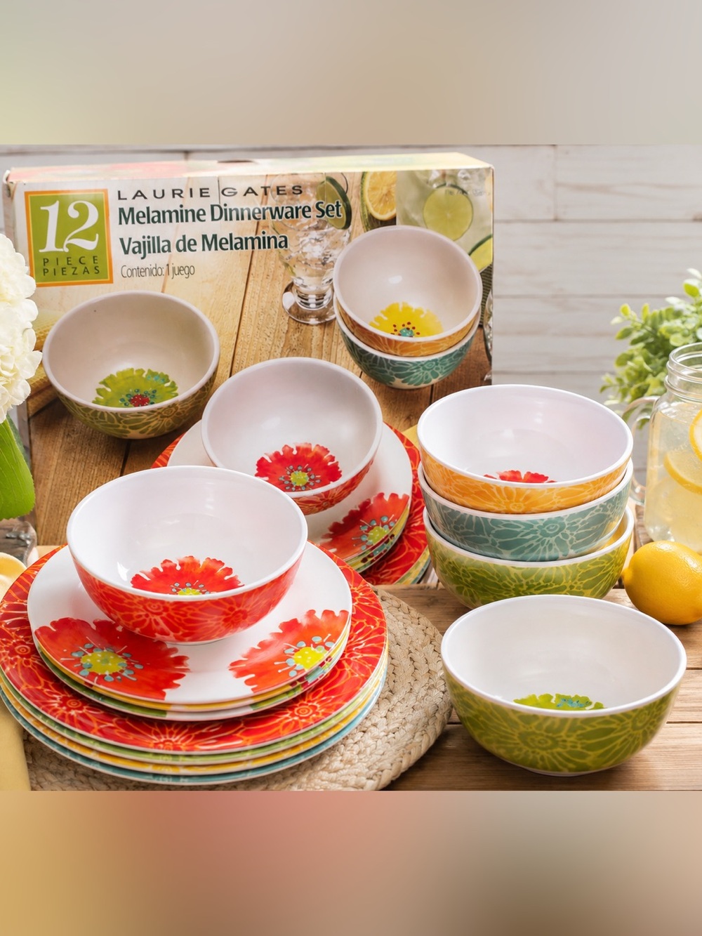 Laurie Gates 12 Pc Melamine Dinnerware Set Colorful Floral Service for 4